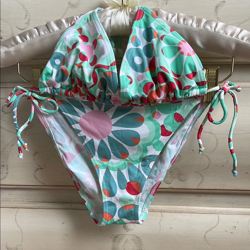 Tropical Green and Pink Bikini with Floral Pattern